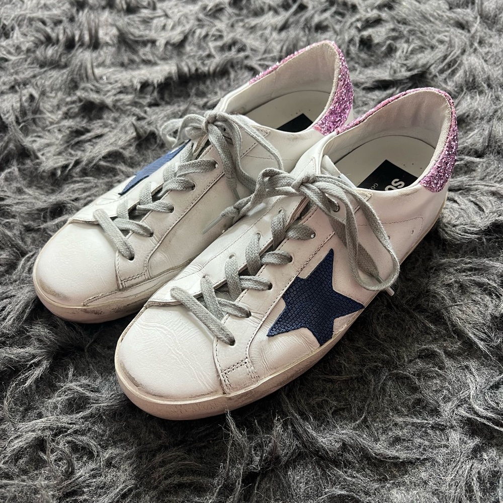 Golden Goose White Superstar Sneakers with Blue Star and Glittery Heel Tab
